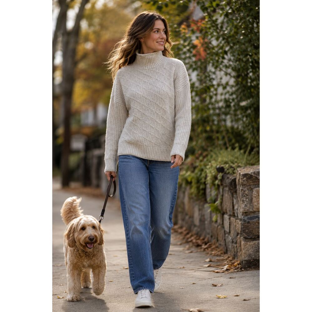 RACHEL ROY Cream Cable Knit Sweater Mock Neck Women's Medium Preppy Cottage
